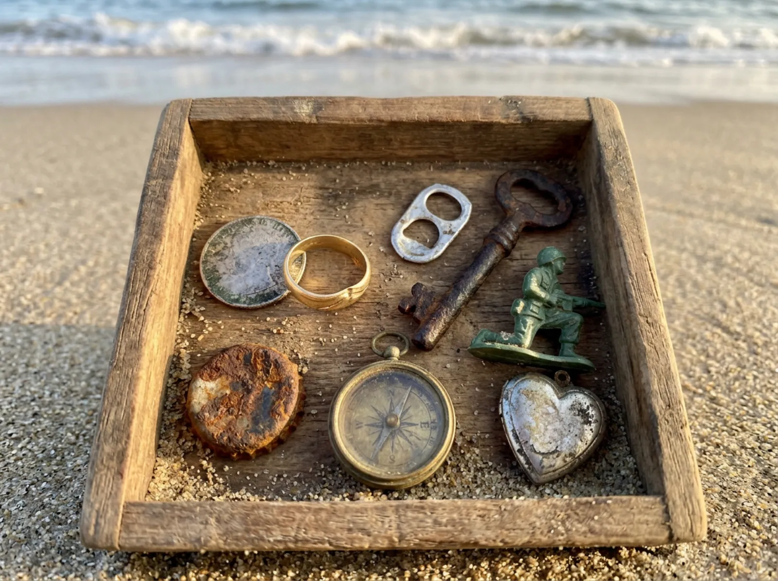 A wooden tray of beach finds on the sand: a tarnished silver coin, a gold ring, a pull tab, a rusty skeleton key, a green toy soldier, a rusty bottle cap, a brass compass and a heart-shaped locket.