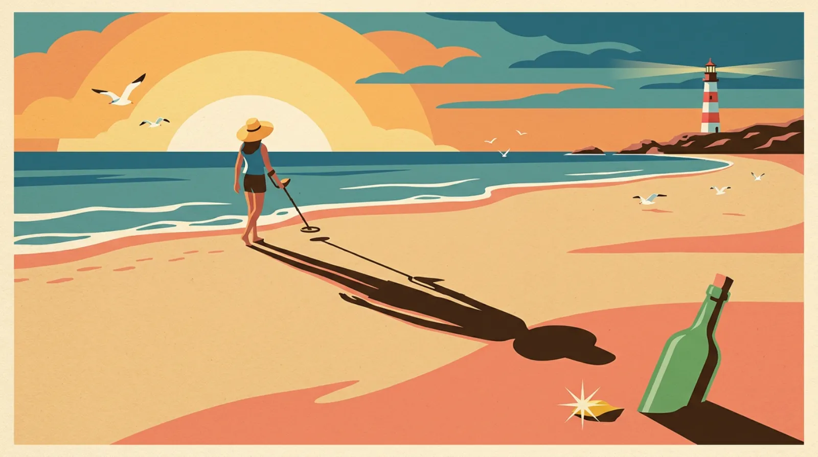 Retro travel poster of a beach at sunset: a beachcomber in a straw hat sweeps a metal detector along the waterline, gulls overhead, a striped lighthouse on the headland, a green bottle and a glint of gold in the foreground sand.